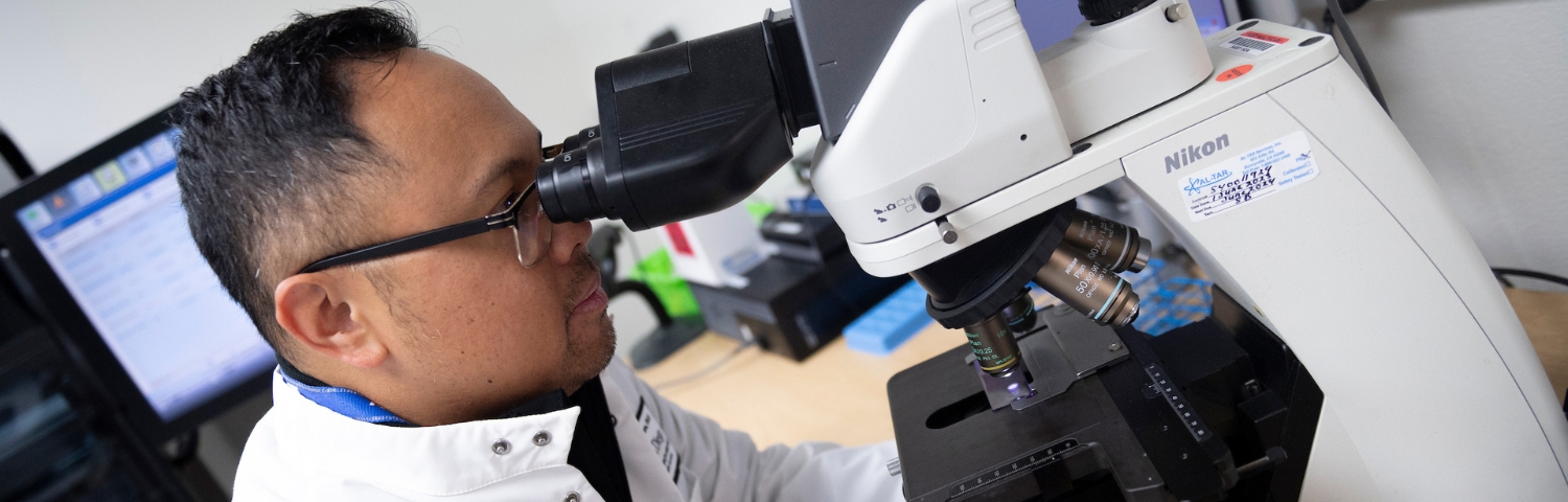 2 of 3, Lab staff using microscope